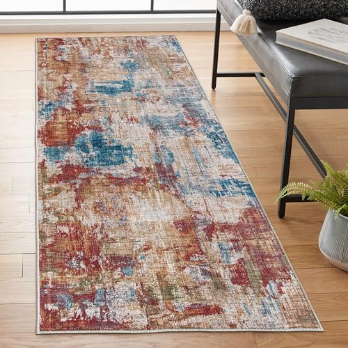 ReaLife Machine Washable Area Rug Runner - Living Room Bedroom Bathroom Kitchen Entryway Office - Padded Low Pile Stain Resistant Premium - Modern Abstract Colorful - ASA - Red Blue 2'6" x 6' - color: Abstract Modern - Red Blue, size: 2'6" x 6' (Rectangul