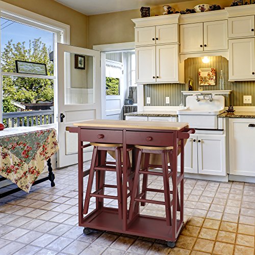 Casual Home Drop Leaf Breakfast Cart with 2 Stools-Red - color: Natural&red