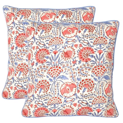 Block Print Flamingo Pink Pillow Cover 16" x 16" (Pack of 2) Decorative Couch Pillows for Living Room, Farmhouse Chic Boho Cute Outdoor Pillows Covers Gifts for Spring, Mother's Day - color: Flamingo Pink, size: 16" x 16" (Pack of 2)