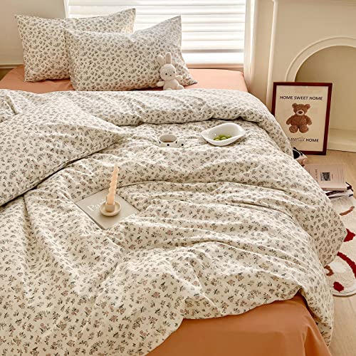 Aesthetic Floral Duvet Cover Twin Cozy Cotton Bedding Set Twin Shabby Chic Green Botanical French Style Duvet Cover Set Off White Comforter Cover with Fresh Flower Pattern, Breathable, Lightweight - color: A Floral, size: Twin(Duvet Cover and 2 Pillows Sh