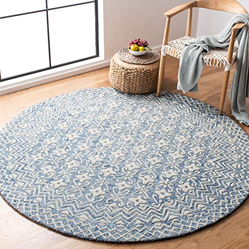 SAFAVIEH Blossom Collection Area Rug - 6' Round, Blue & Ivory, Handmade Wool, Ideal for High Traffic Areas in Living Room, Bedroom (BLM114M) - color: Blue/Ivory, size: 6' (Round)