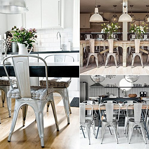 Devoko Metal Indoor-Outdoor Chairs Distressed Style Kitchen Dining Chairs Stackable Side Chair with Back Set of 4 (Silver) - color: Silver