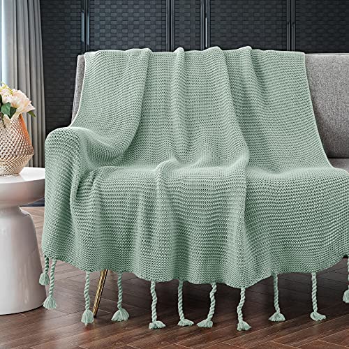 RUDONG M Knitted Throw Blanket with Fringe, Sage Green Knit Throw Blanket for Couch Bed Sofa 50 x 60 Inch - color: Sage Green, size: Throw(50" x 60")