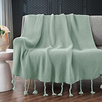 RUDONG M Knitted Throw Blanket with Fringe, Sage Green Knit Throw Blanket for Couch Bed Sofa 50 x 60 Inch - color: Sage Green, size: Throw(50" x 60")
