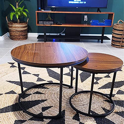 aboxoo Coffee Table Nesting Side Round Set of 2 End Table Top Sturdy Metal Frame Desk Centerpiece Living Room Bedroom Apartment Modern Industrial Simple Nightstand - color: Black Brown