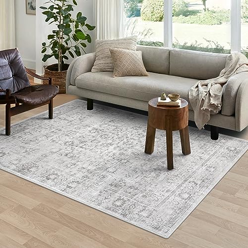 LIVEBOX Washable Gray Rug 6x9 - Vintage Soft Rug for Living Room, Large Neutral Rugs Anti-Skid Low-Pile Flower Carpet for Bedroom Office, Silverygray - color: Silvergray, size: 6' x 9' (Rectangular)