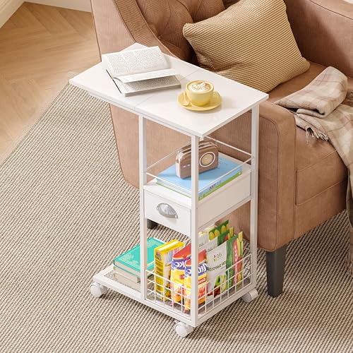 Rolling Side Table with Storage Drawer, White Bedside Table with Wheels, TV Tray for Sofa, Portable Desk on Wheels, Modern Night Stand, Overbed Table for Bedroom, C Shaped End Tables Living Room - color: White, size: Large (With Drawer & Wheels)