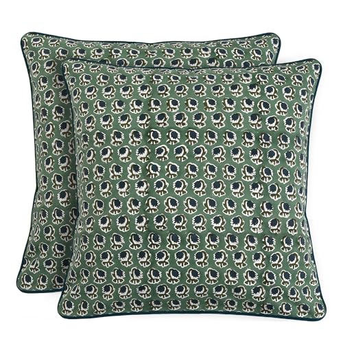 Block Print Basil Green Pillow Cover 18" x 18" (Pack of 2) Decorative Couch Pillows for Living Room, Chic Boho Cute Outdoor Pillows Covers Gifts for Spring, Easter and Valentine - color: Basil Green, size: 18" x 18" (Pack of 2)
