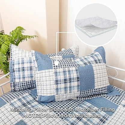 Jarson 3 Piece Plaid Daybed Cover Set Twin Blue Gray White Patchwork Quilted Daybed Bedding Sets Double Side Cozy Sofa Daybed Cover with 2 Shams - color: Blue Gray Plaid