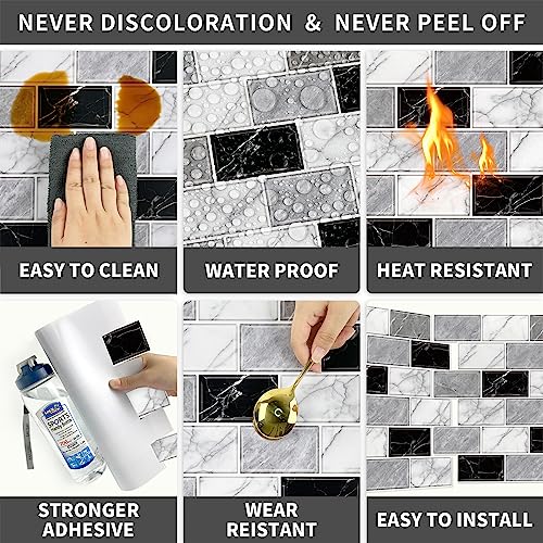 URCOLOR 10-Sheet Back Splashes for Kitchens Peel and Stick,12"x12" Self Adhesive Stick on Backsplash for Bathroom Black White Grey Marble Look - color: Black White Grey