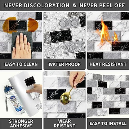 URCOLOR 10-Sheet Back Splashes for Kitchens Peel and Stick,12"x12" Self Adhesive Stick on Backsplash for Bathroom Black White Grey Marble Look - color: Black White Grey
