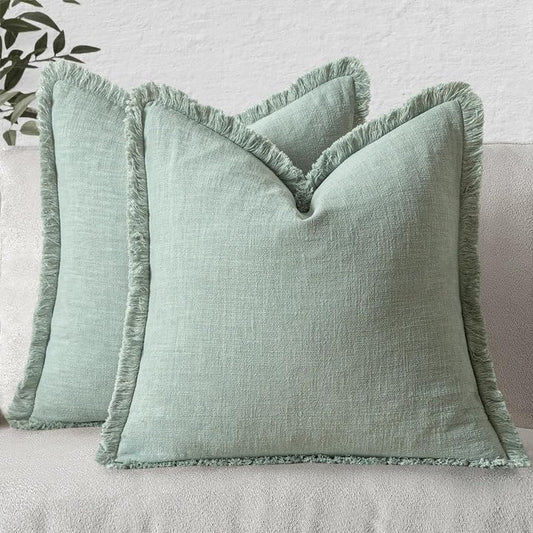 MIULEE Boho Linen Fringe Decorative Throw Pillow Covers Aqua Green 18x18 | Set of 2, Cottagecore Decor, Boho Farmhouse Neutral Pillow Covers, Rustic Couch Cushion Cases for Sofa Bed Living Room - color: Aqua Green, size: 18" x 18" (Pack of 2)