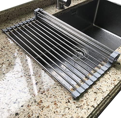 Tomorotec Roll Up Dish Drying Rack Over Sink, SUS304 Steel, 17.8x15.7,Gray | Heat Resistant to 550°F With Non-Slip Silicone Grips, Multipurpose Trivet for Hot Pots, Dishwasher Safe - size: 17.8" x 15.7"