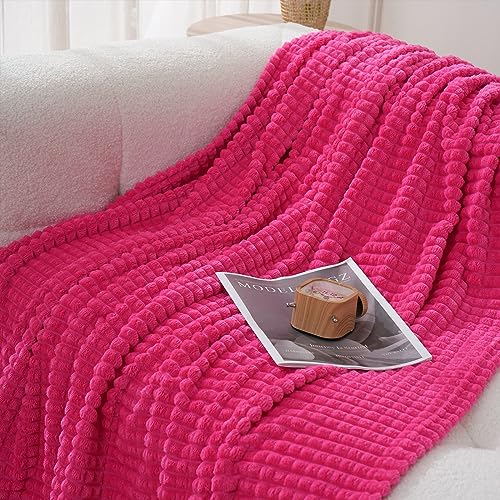 Puncuntex Fleece Throw Blanket Hot Pink 60"×80" with Square Grid Design | Super Soft Plush Cozy Flannel Throw Blanket Luxury for Couch Sofa Chair - color: Hot Pink, size: 60"×80"