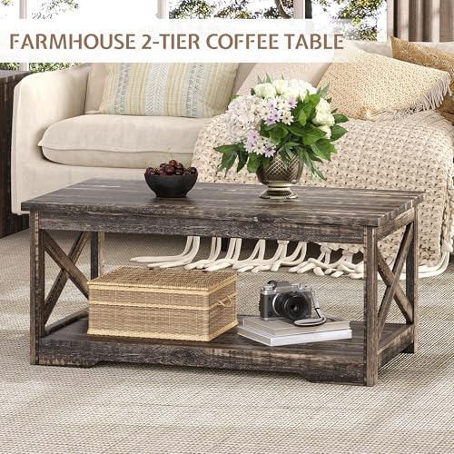 3 Piece Living Room Table Set with Barn Door, Black Oak | Includes Coffee Table and 2 End Tables, Charging Station &USB Ports, Rustic Farmhouse Style, Living Room Furniture Set - color: Black Oak