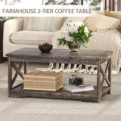 3 Piece Living Room Table Set with Barn Door, Black Oak | Includes Coffee Table and 2 End Tables, Charging Station &USB Ports, Rustic Farmhouse Style, Living Room Furniture Set - color: Black Oak