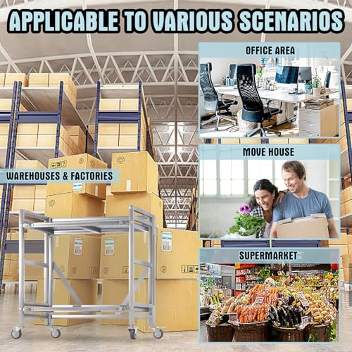 2 Shelf Rolling Cart with Wheels, 660lbs Capacity Collapsible Steel Rolling Utility Cart, Heavy-Duty Foldable Workbench, Metal Rolling Storage Cart with Handle for Groceries, Warehouse (36" Lx26 W) - color: Plate