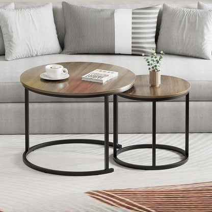 Nesting Coffee Table, 23.6" Round Coffee Table Set of 2, Wooden Nesting Table Set with Metal Frame, Side Tables for Living Room Bedroom Balcony, Brown - color: Brown