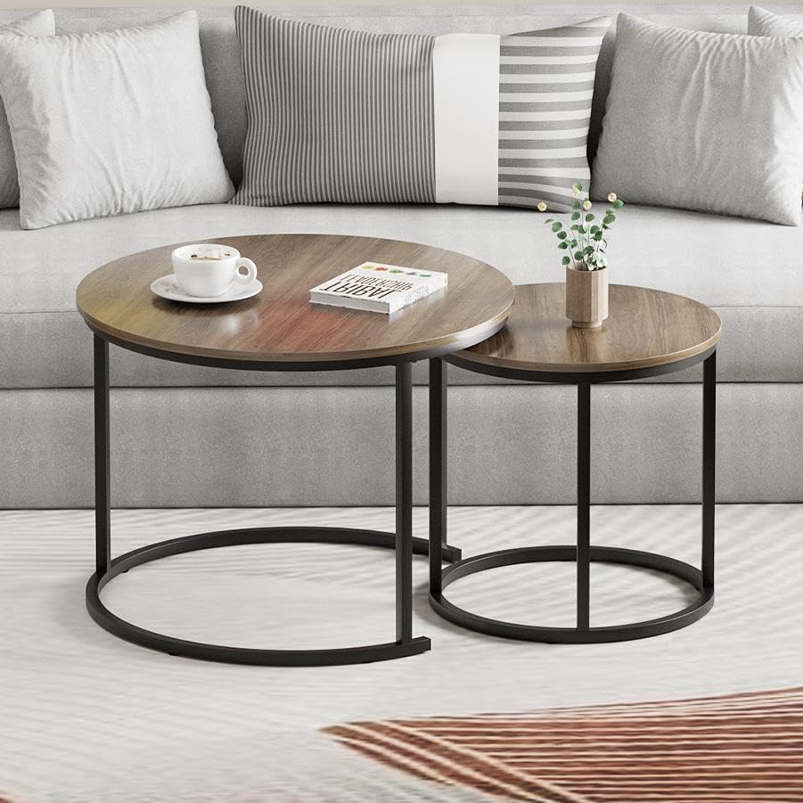 Nesting Coffee Table, 23.6" Round Coffee Table Set of 2, Wooden Nesting Table Set with Metal Frame, Side Tables for Living Room Bedroom Balcony, Brown - color: Brown
