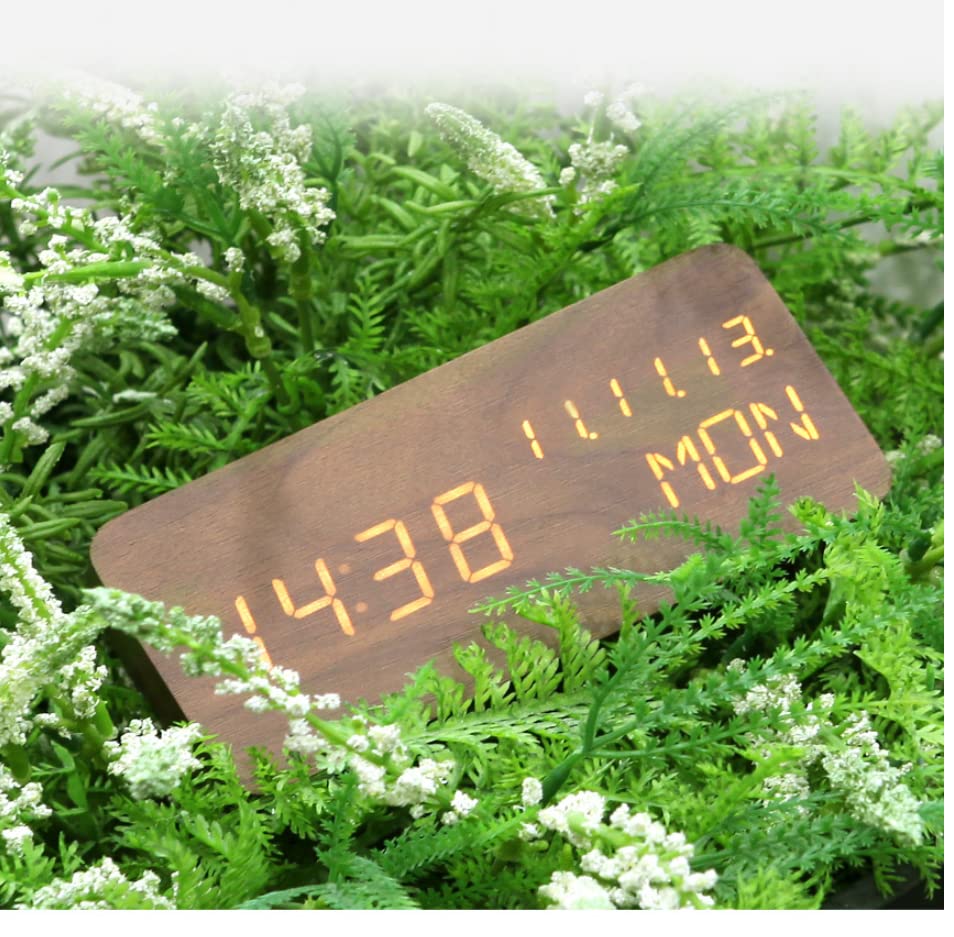 Wood Digital Alarm Clock Desk Time, Date(MM/DD/YY), Day of The Week, Temperature, Nightlight Large LED Display Portable Lamp Bedroom, Office, School, Home, Livingroom, Room (Brown) - color: Brown