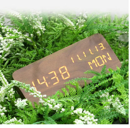 Wood Digital Alarm Clock Desk Time, Date(MM/DD/YY), Day of The Week, Temperature, Nightlight Large LED Display Portable Lamp Bedroom, Office, School, Home, Livingroom, Room (Brown) - color: Brown