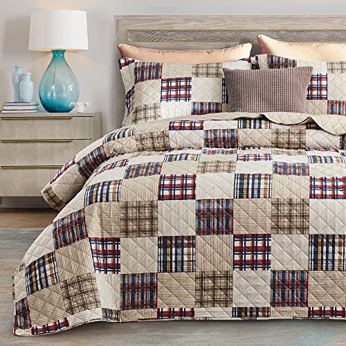 CHIXIN Plaid Quilt Queen Size - Classic Tartan Plaid Pattern - Lightweight Bedspread Coverlet Set, Country Patchwork Bedding Cover for All Season, 3 Piece, Beige - color: Violey/Wisteria/White, size: Full/Queen(90"x92")
