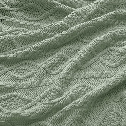 Homiest Sage Green Cable Knit Throw Blanket Set of 3, with 2 Pillow Covers | Pure Acrylic, Lightweight & Breathable, All-Season Use, Machine Washable, Wrinkle & Fade Resistant, for Couch Bed And Sofa - color: Sage Green, size: 50 x 60 Inch Blanket & 18 x