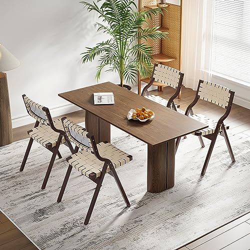 Wood Folding Chairs, Foldable Chairs Wooden Indoor Stackable Dining Chairs for Kitchen & Dining Room Chair Woven Seat & Webbing Back, Dining Chair Set of 2 - color: Brown Walnut/Beige, Pu Leather