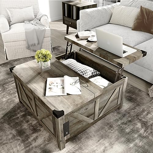 jimeimen Farmhouse Lift Top Coffee Table with Storage, Wood Square Center Table with Charging Station&USB Port, Living Room Table w/Large Hidden Space, for Living Room, Bedroom, Home Office, Grey - color: Grey
