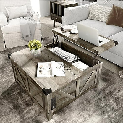 jimeimen Farmhouse Lift Top Coffee Table with Storage, Wood Square Center Table with Charging Station&USB Port, Living Room Table w/Large Hidden Space, for Living Room, Bedroom, Home Office, Grey - color: Grey