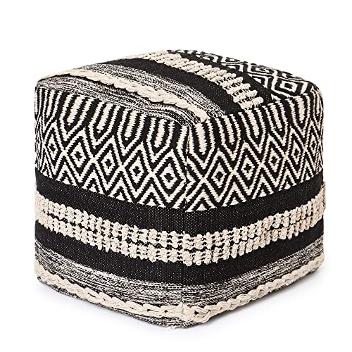 · REDEARTH · Pouf with Filler Cube Bean Bag Pouffe - Char Delineate Black | 100% Cotton; 17.5"x17.5"x17.5"; Storage Cube, Doubles as Footrest; Boho Decor for Living Room, Bedroom, Nursery, Kidsroom - color: Char Delineate Black With Filler