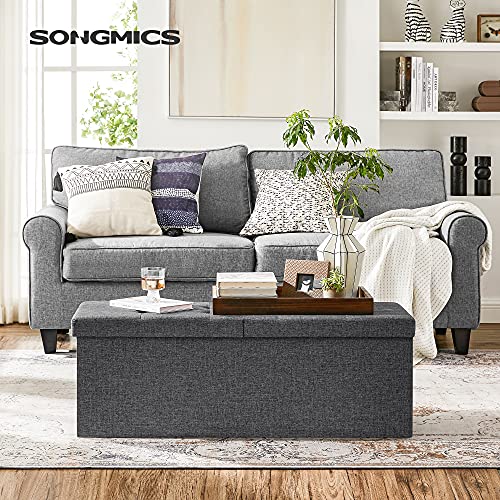SONGMICS MAZIE Collection - 43 Inches Storage Ottoman, Foldable Storage Bench with Flipping Lid, 660 lb Load Capacity, for Entryway, Living Room, Bedroom, Dark Gray ULSF76GYZ - color: Dark Gray, size: 15"D x 43"W x 15"H, style: Modern