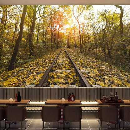 Custom Size Wall Murals， Autumn Forest Train Tracks，SelfAdhesive Removable Peel and Stick Wallpaper， for Living Room，Bedroom，Shop，Office，Kids