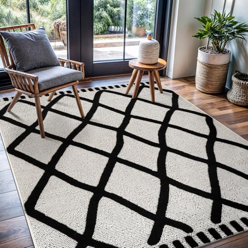 Modern Rug 6x9 Luxury Diamond Pattern Micro Loop Area Rugs Soft High-Low Pile Stain Resistant Easy to Clean Non-Shedding Durable Living Room Office Indoor Carpet (Black/White) - color: Bold / Black, size: 6' x 9' (Rectangular)