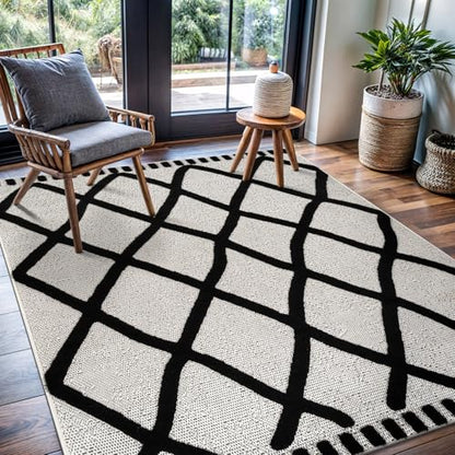 Modern Rug 6x9 Luxury Diamond Pattern Micro Loop Area Rugs Soft High-Low Pile Stain Resistant Easy to Clean Non-Shedding Durable Living Room Office Indoor Carpet (Black/White) - color: Bold / Black, size: 6' x 9' (Rectangular)