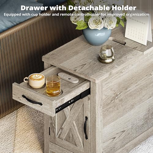 IRONCK End Table with Charging Station, Narrow Side Table, Beige Maple | Bedside table. Farmhouse nightstand with drawer, cabinet, flip-top, and cup holder, wood grain, for home - color: Beige Maple