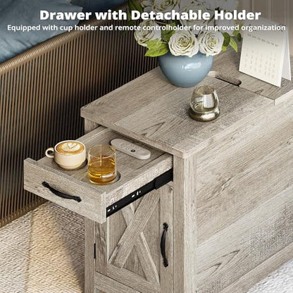 IRONCK End Table with Charging Station, Narrow Side Table, Beige Maple | Bedside table. Farmhouse nightstand with drawer, cabinet, flip-top, and cup holder, wood grain, for home - color: Beige Maple