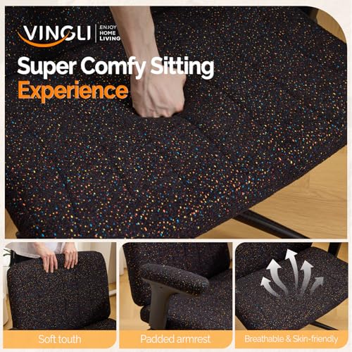VINGLI Criss Cross Chair with Adjustable Flip-Up Arms,Cross Legged Chair with Wheels,Extra Wide Office Chair,Desk Chair for Home Office,Vanity,Bedroom, Apartment,Starry Chenille,Black - color: Black