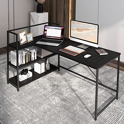 Tangkula Reversible L-Shaped Computer Desk, Space Saving Corner Desk with 3-Tier Storage Shelves & Metal Frame, Modern Executive Home Office Desk, PC Laptop Desk Workstation for Small Space (Black)