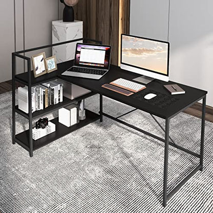 Tangkula Reversible L-Shaped Computer Desk, Space Saving Corner Desk with 3-Tier Storage Shelves & Metal Frame, Modern Executive Home Office Desk, PC Laptop Desk Workstation for Small Space (Black)