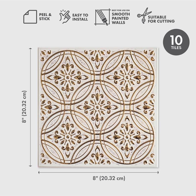 Peel and Stick Metal Tiles, Pastel Painted Gold, 10-Pack | 8 x 8 in tile size; Covers up to 4.44 sq ft; Aluminum; Water-resistant surface; For kitchens, ceilings, DIY projects - style: Pastel Painted Gold