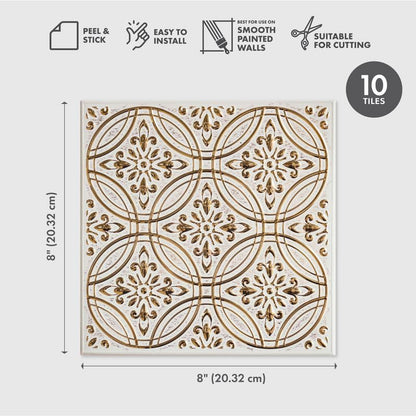 Peel and Stick Metal Tiles, Pastel Painted Gold, 10-Pack | 8 x 8 in tile size; Covers up to 4.44 sq ft; Aluminum; Water-resistant surface; For kitchens, ceilings, DIY projects - style: Pastel Painted Gold