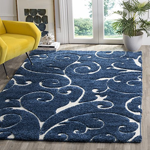 SAFAVIEH Florida Shag Collection Accent Rug - 2'3" x 5', Dark Blue & Cream, Scroll Design, Non-Shedding & Easy Care, High-Low Plush Pile, Ideal for Bedroom, Foyer, Hallway (SG455-6511) - color: Dark Blue/Cream, size: 2'3" x 5' (Rectangular)