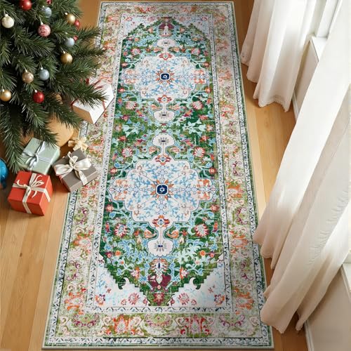 U'Artlines 3'x8' Boho Hallway Runner Rug Non Slip Washable Runners,Green | Vintage Farmhouse Kitchen Rug Accent Area Carpet for Entryway Laundry and Living Room - color: Green, size: 3' x 8' (Runner)