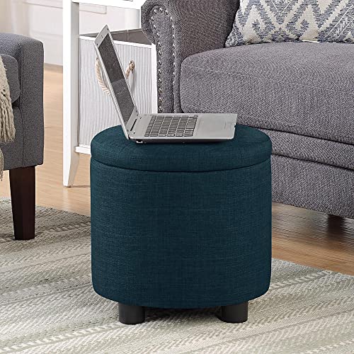 Designs4Comfort Round Accent Storage Ottoman with Reversible Tray Lid - color: Dark Blue Fabric
