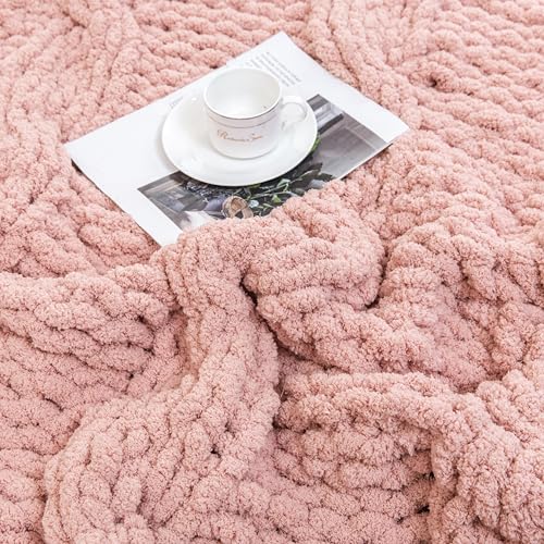 WESHIONGOO Chunky Knit Blanket Throw for Couch Bed 50"×60" Pink | 100% Handmade Knitted Throw blanket Fluffy Soft Blanket With Jumbo Chenille Yarn Thick - color: Pink, size: 50"x60"