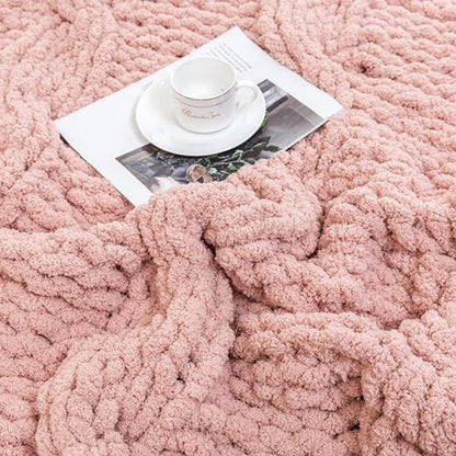 WESHIONGOO Chunky Knit Blanket Throw for Couch Bed 50"×60" Pink | 100% Handmade Knitted Throw blanket Fluffy Soft Blanket With Jumbo Chenille Yarn Thick - color: Pink, size: 50"x60"