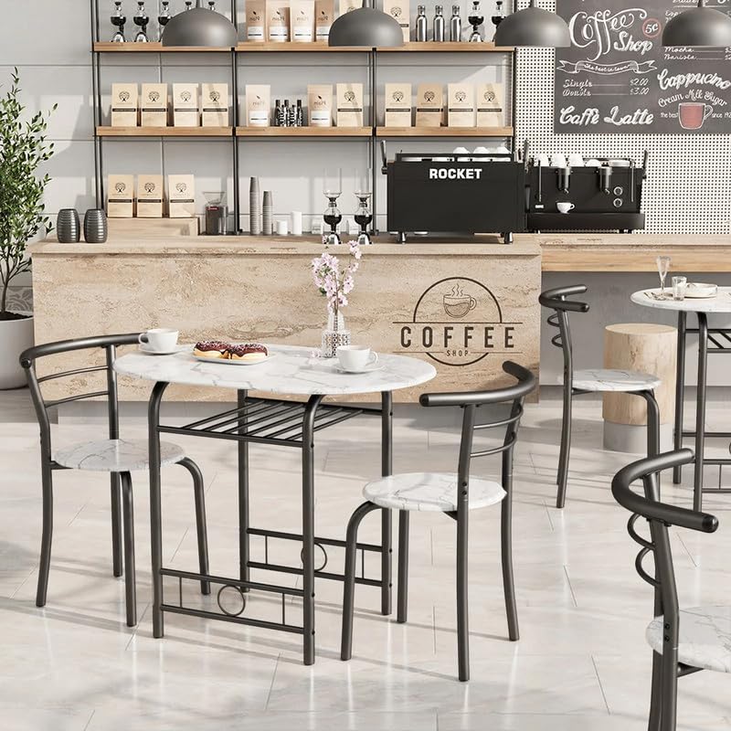 Shahoo 3-Piece Dining Table Set for 2, Kitchen Breakfast Nook Set | 2 Chairs & Round Tabletop, Space Saving Wooden Furniture Metal Frame and Built-in Wine Rack, Marble White & Black - color: Marble White & Black