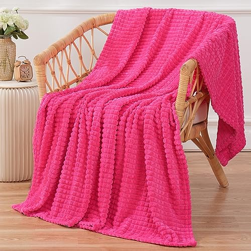 Puncuntex Fleece Throw Blanket Hot Pink 50"×60" with Square Grid Design | Super Soft Plush Cozy Flannel Throw Blanket Luxury for Couch Sofa Chair - color: Hot Pink, size: 50"×60"