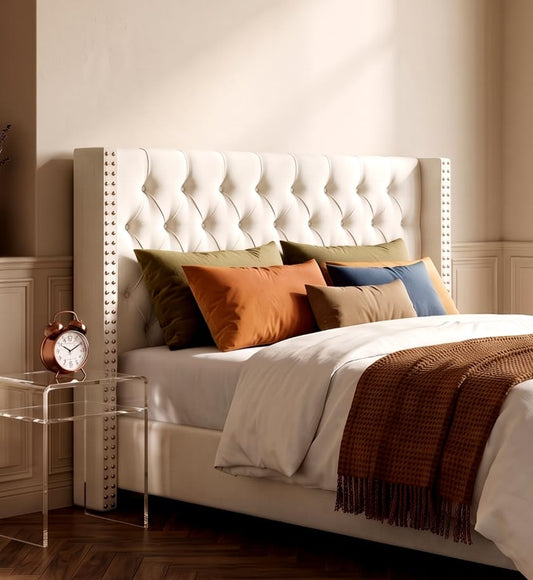 King Size Linen Upholstered Headboard, for the Bedroom Beige | Adjustable-Height Tufted Channel Design Padded Head Board Wingback with Nailhead Trim Luxury Bed Headboard - color: Beige, size: King (U.S. Standard)